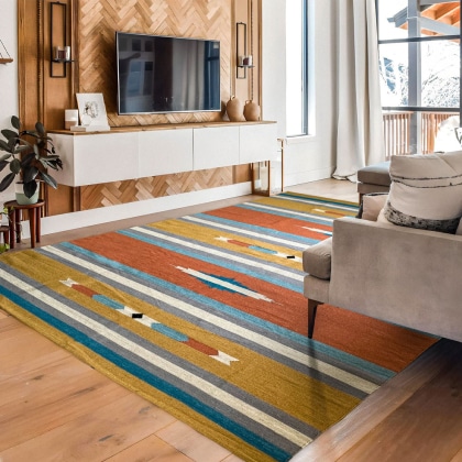 90s style striped indian kilim rug