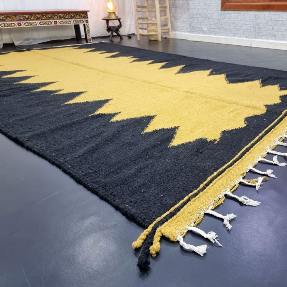 Black and yellow Berber kilim rug