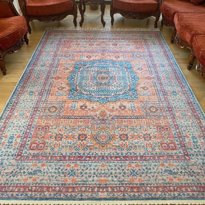 Blue and orange persian style washable rug