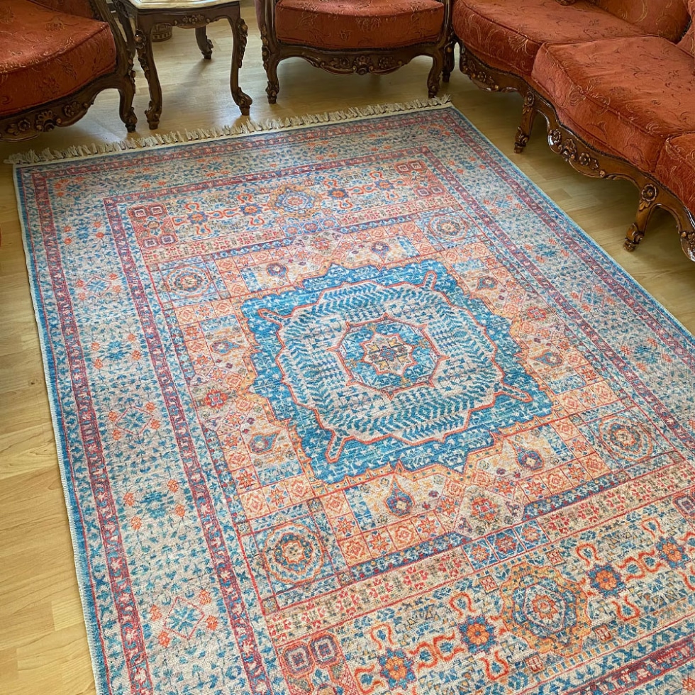 Blue and orange persian style washable rug