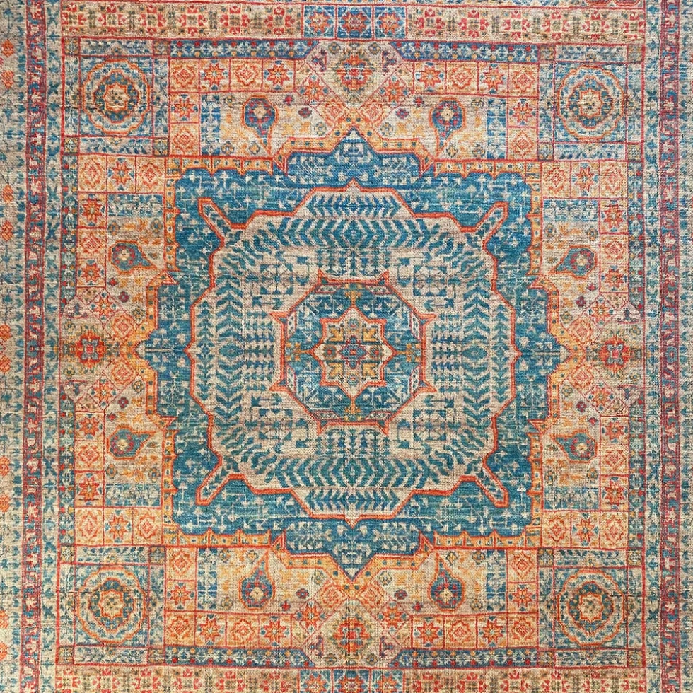 Blue and orange persian style washable rug