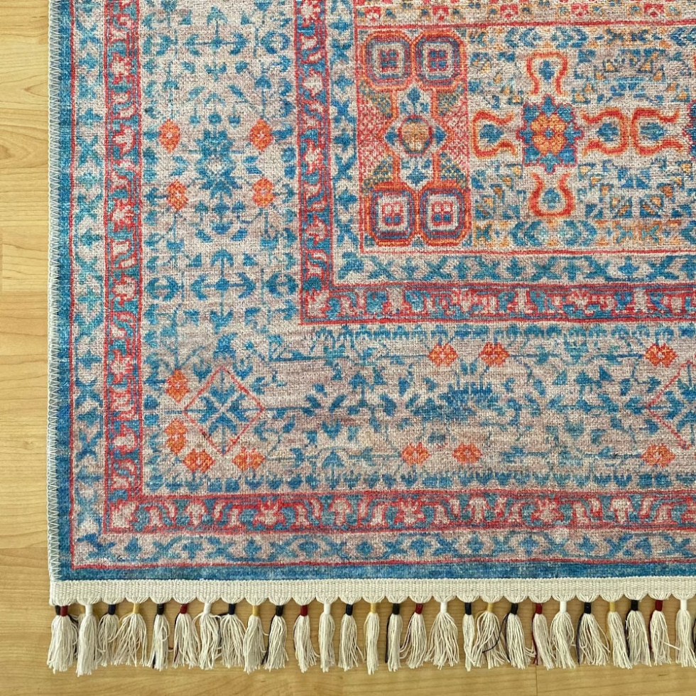 Blue and orange persian style washable rug