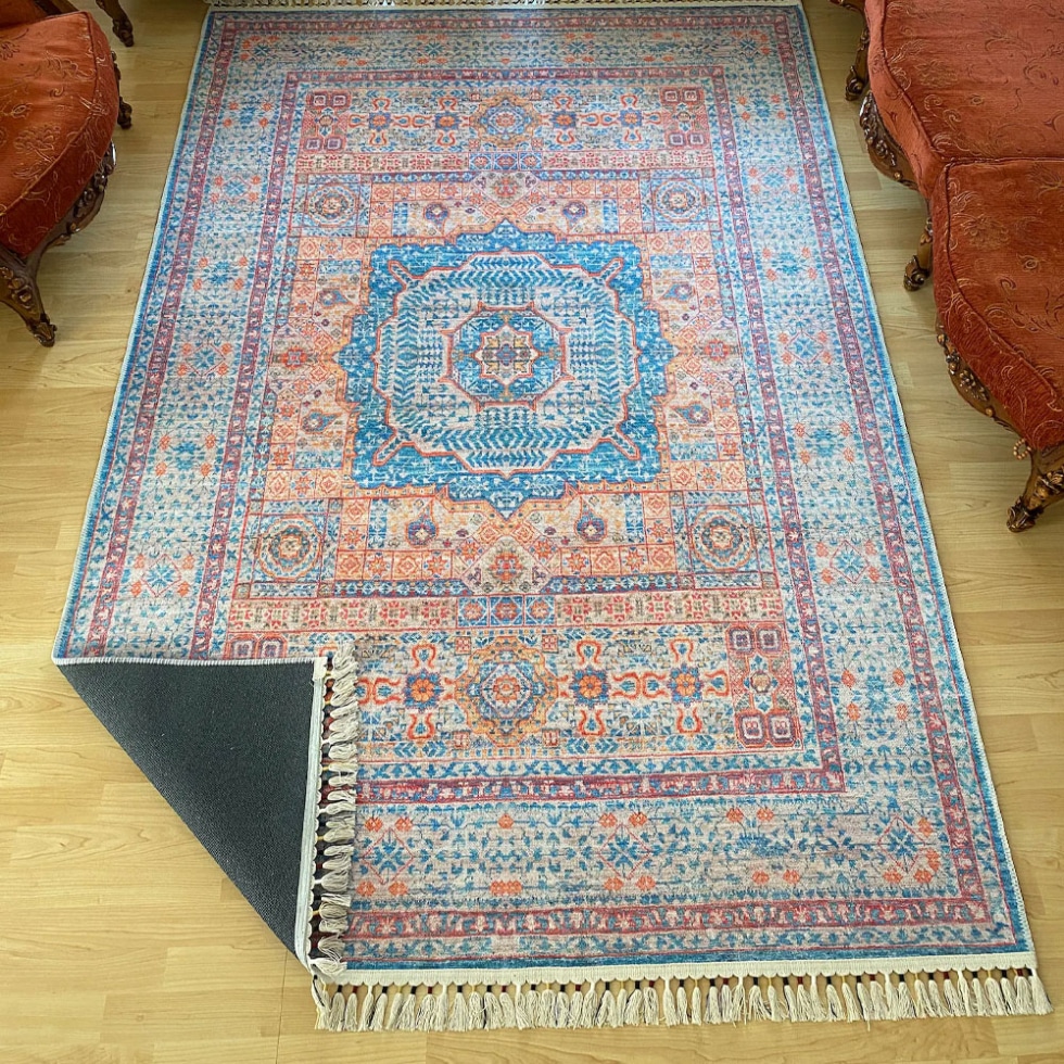 Blue and orange persian style washable rug