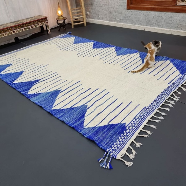 Blue and white Berber kilim rug