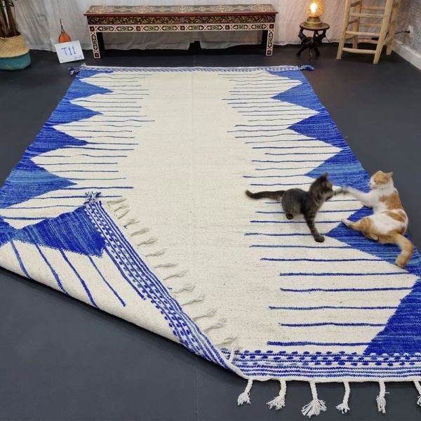 Blue and white Berber kilim rug