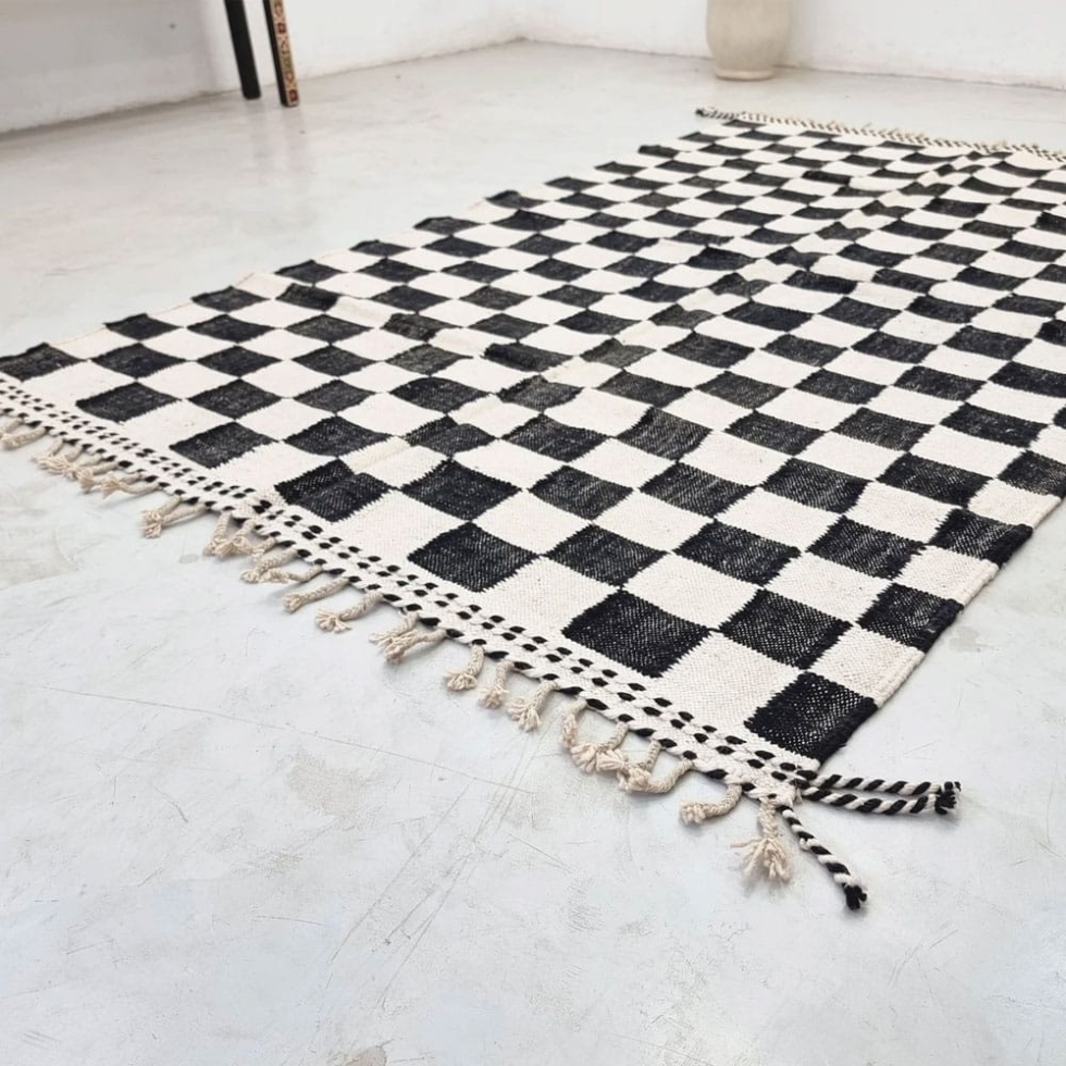 Checkered Black and White Moroccan kilim rug