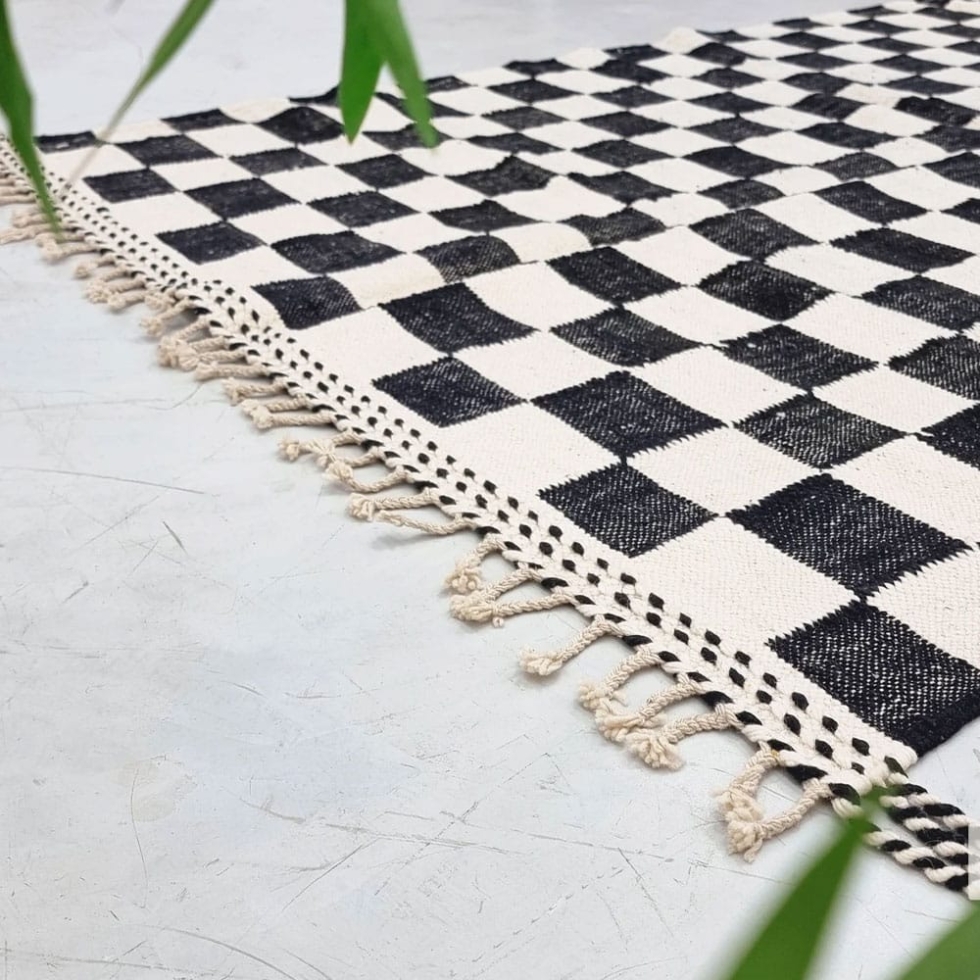 Checkered Black and White Moroccan kilim rug