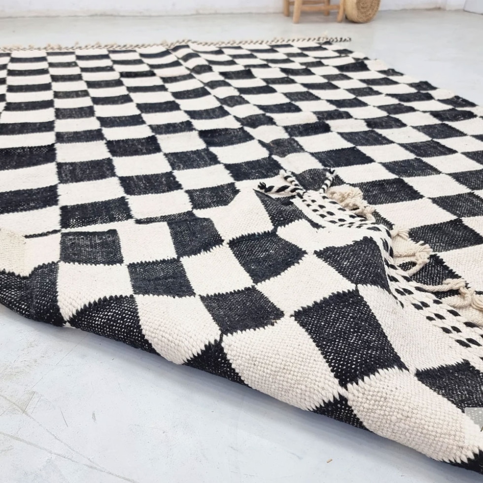 Checkered Black and White Moroccan kilim rug