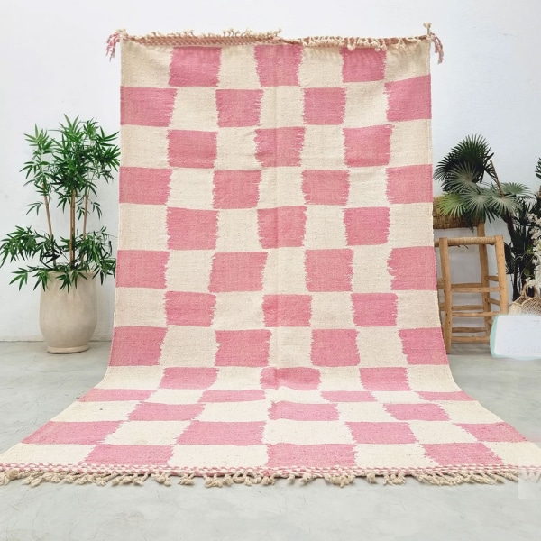 Checkered Pink and White Moroccan kilim rug