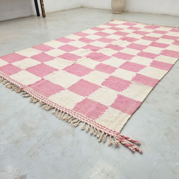 Checkered Pink and White Moroccan kilim rug