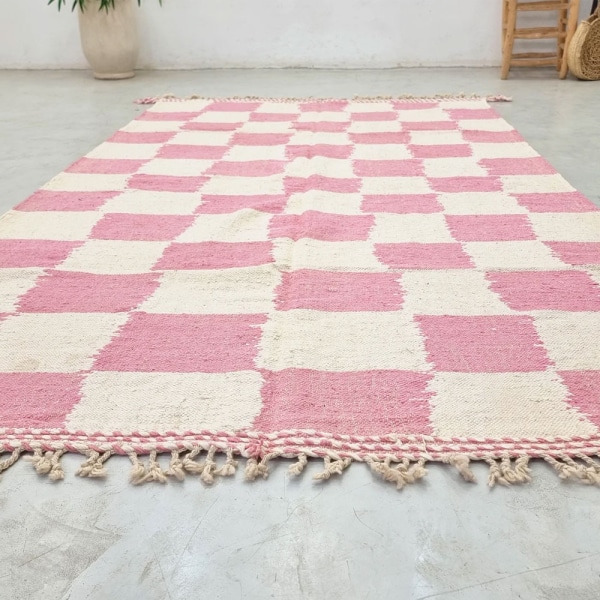 Checkered Pink and White Moroccan kilim rug