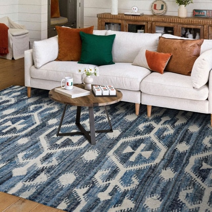 Handmade classic pattern blue kilim rug