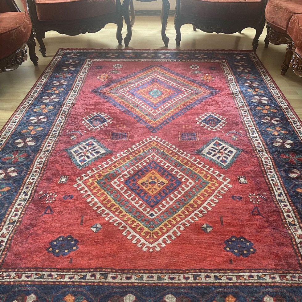 Red Aubusson kilim style Washable Rug