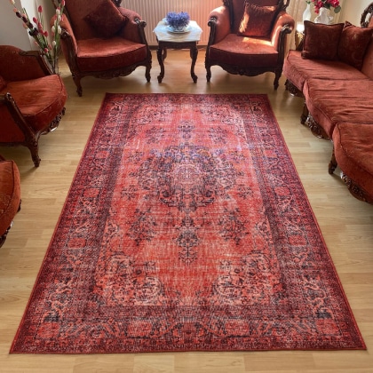 Red Turkish kilim style washable rug