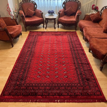 Red afghan style printed rug