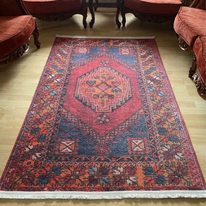 Red and blue oriental kilim style washable rug