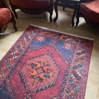 Red and blue oriental kilim style washable rug