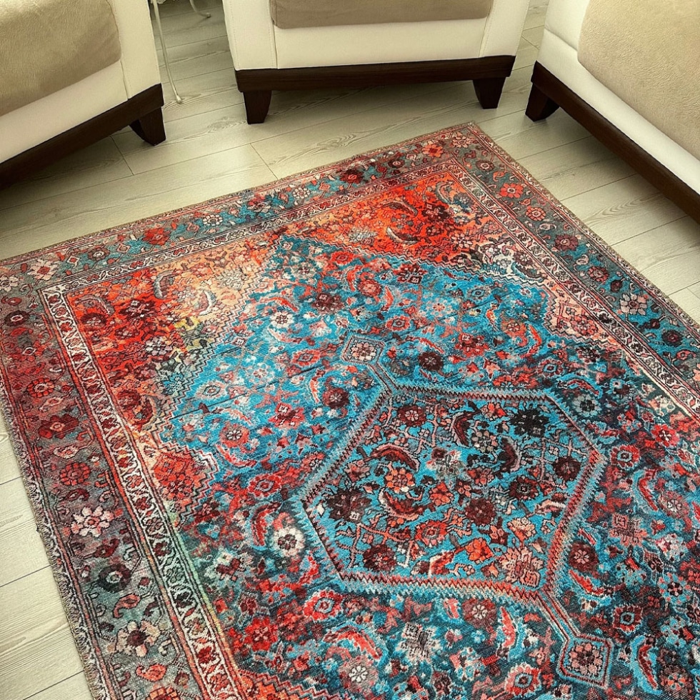 Red and blue vintage style printed rug