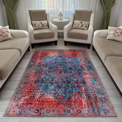 Red and blue vintage style printed rug