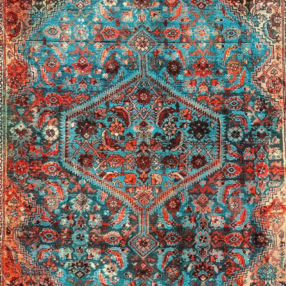 Red and blue vintage style printed rug