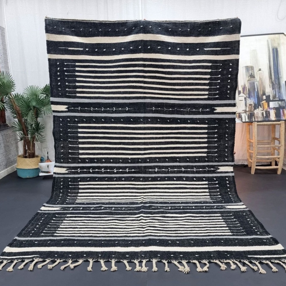 Striped black and white kilim berber rug