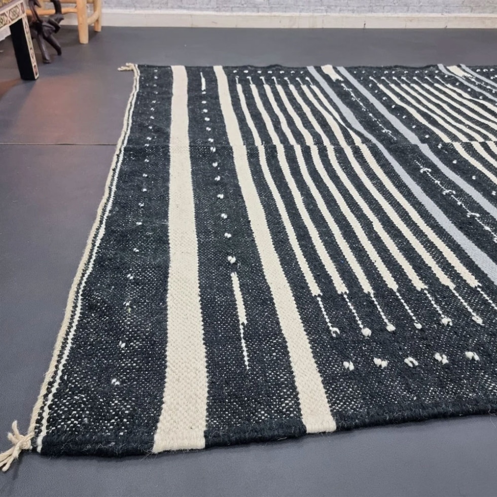 Striped black and white kilim berber rug