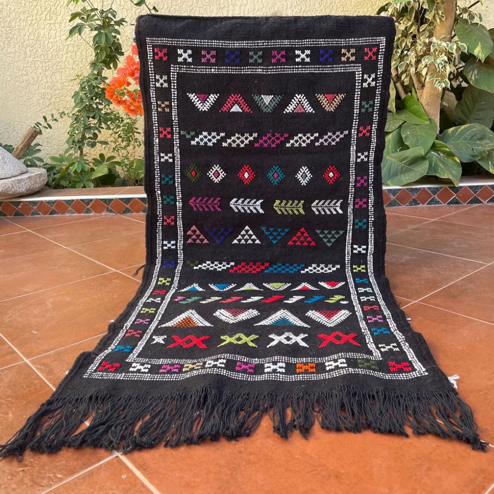 Traditional Black Akhnif Berber kilim rug