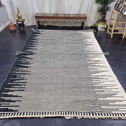 Tribal stripe black and white Kilim rug