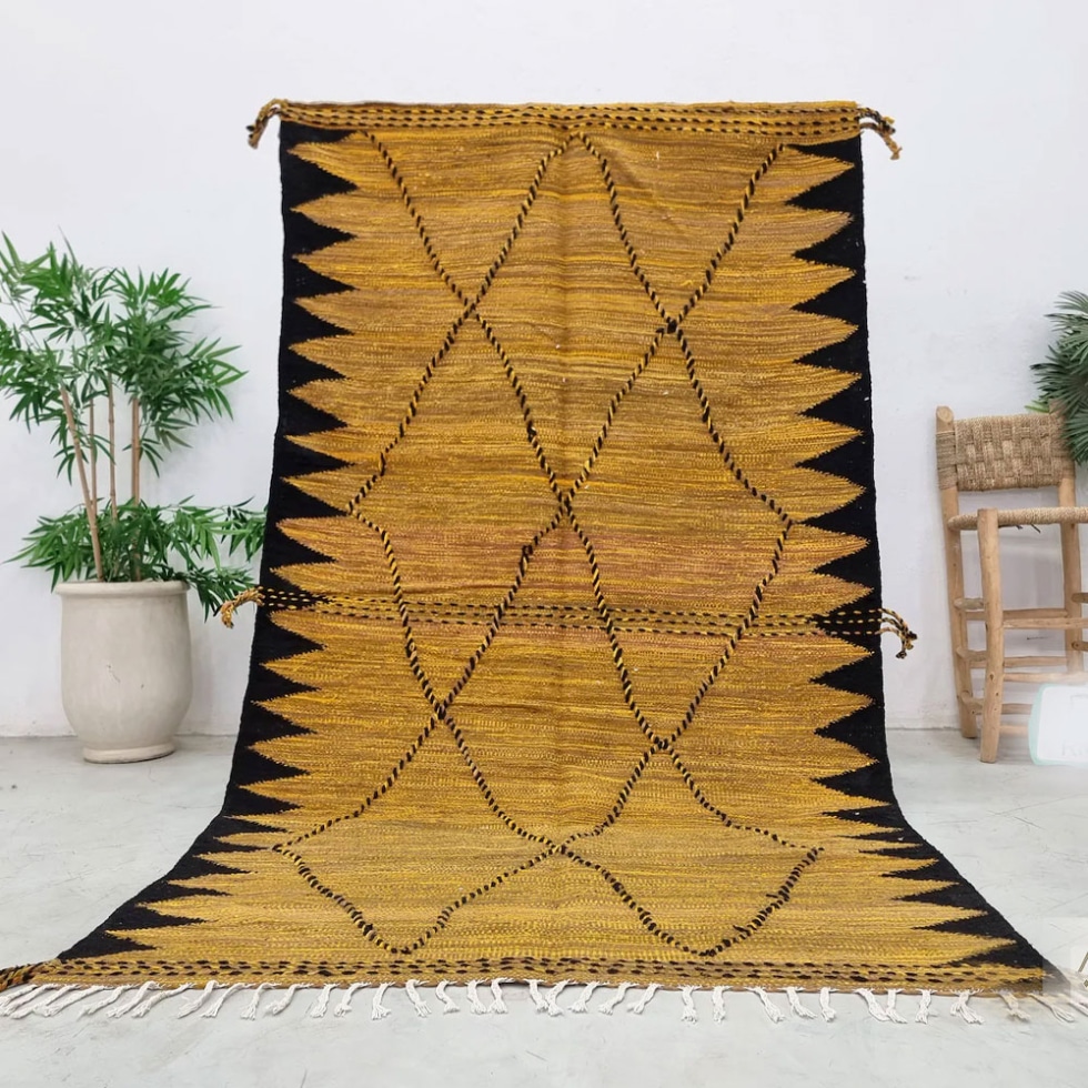 Yellow and black moroccan kilim rug