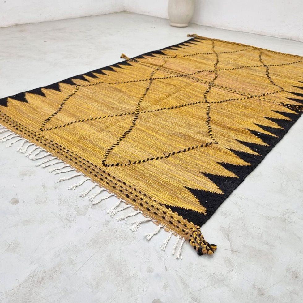 Yellow and black moroccan kilim rug