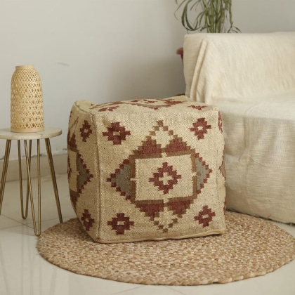 Beige Diamond Pattern Kilim Pouf