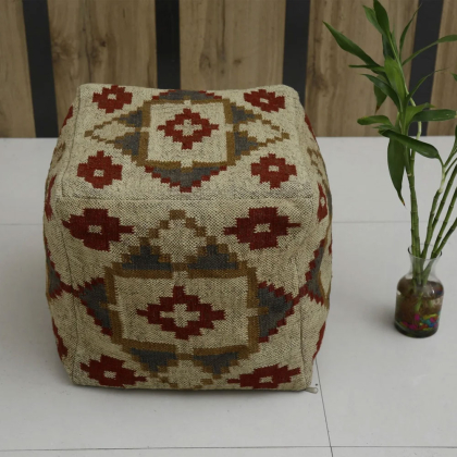 Beige Diamond Pattern Kilim Pouf