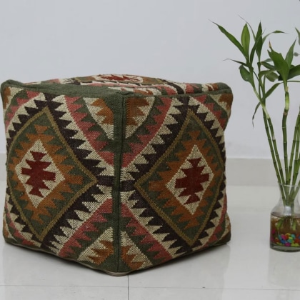 Green Diamond Pattern Kilim Pouf