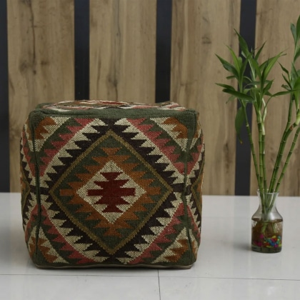 Green Diamond Pattern Kilim Pouf