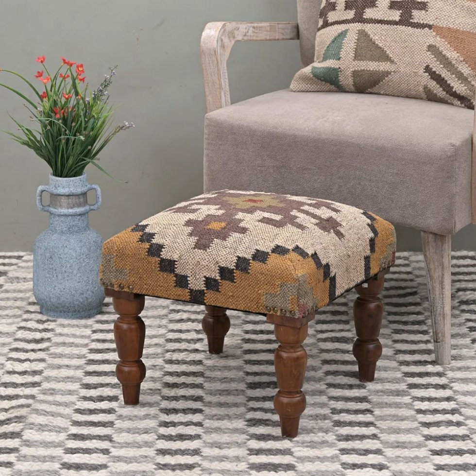 Ivory square ornate kilim footstool ottoman