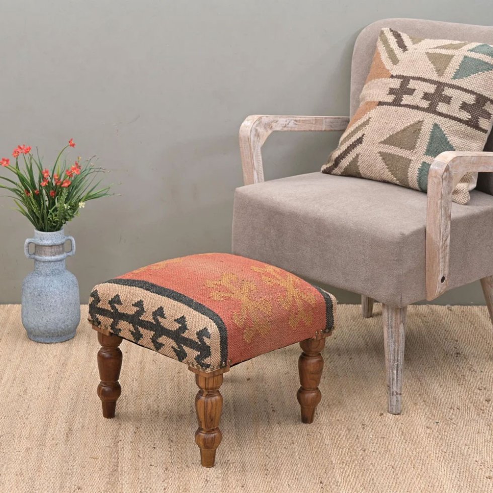 Orange square kilim ottoman stool