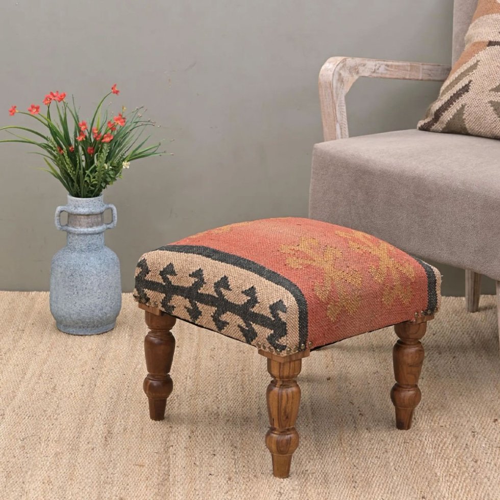 Orange square kilim ottoman stool