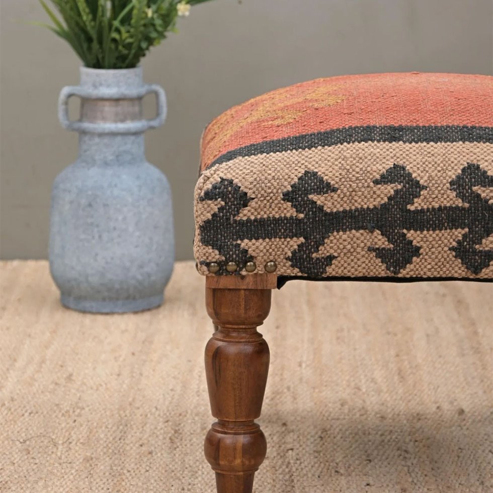 Orange square kilim ottoman stool
