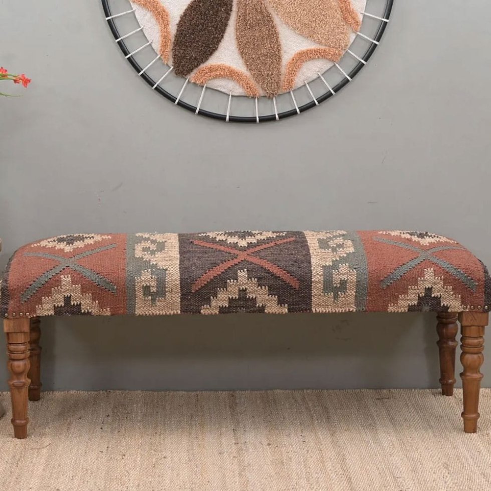 Oriental wool jute kilim ottoman bench