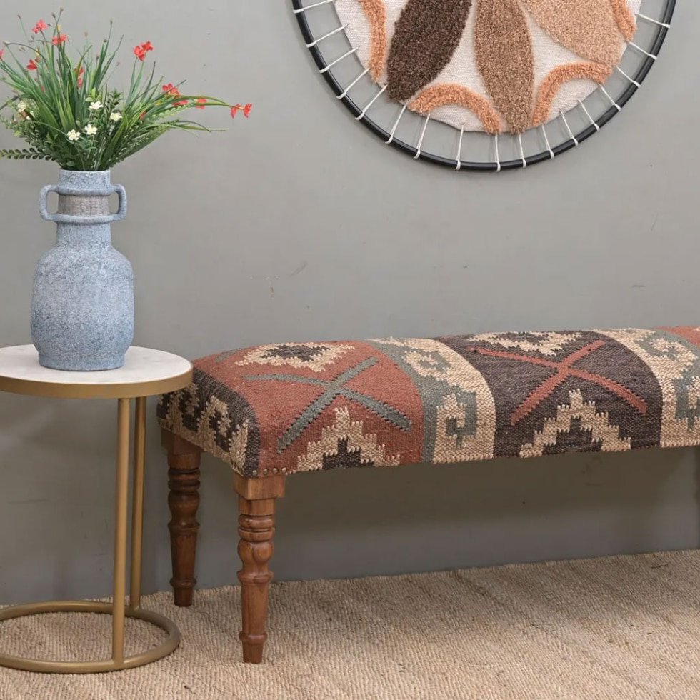Oriental wool jute kilim ottoman bench