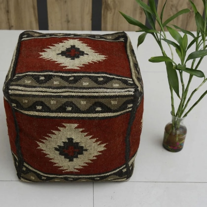 Rust Diamond Pattern Kilim Pouf