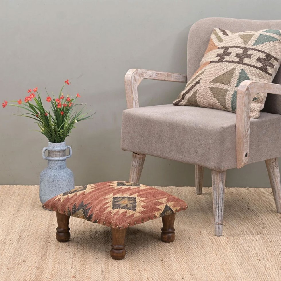 Small rust kilim footstool ottoman