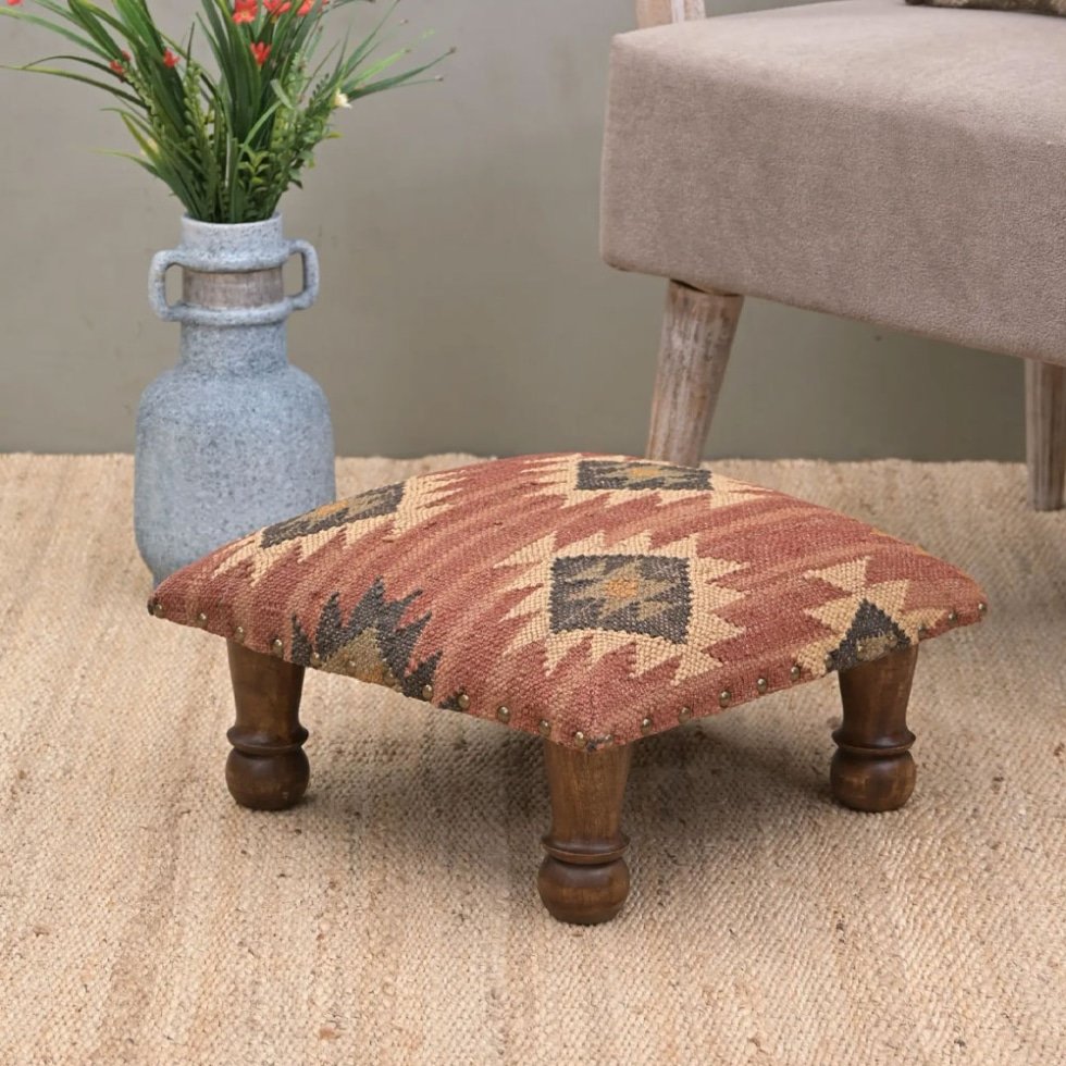 Small rust kilim footstool ottoman