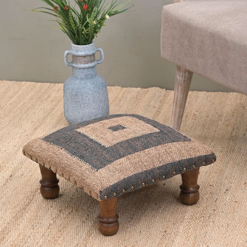 Black and white square kilim footstool ottoman