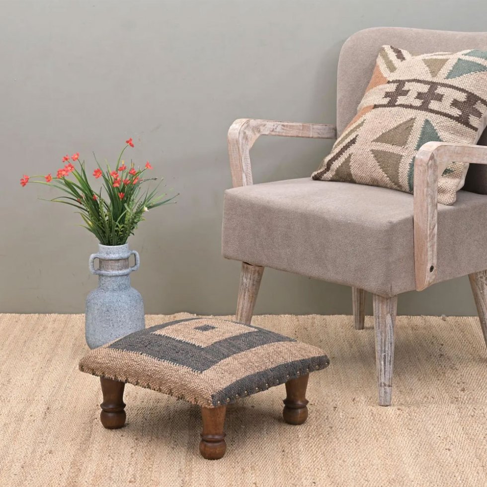 Black and white square kilim footstool ottoman