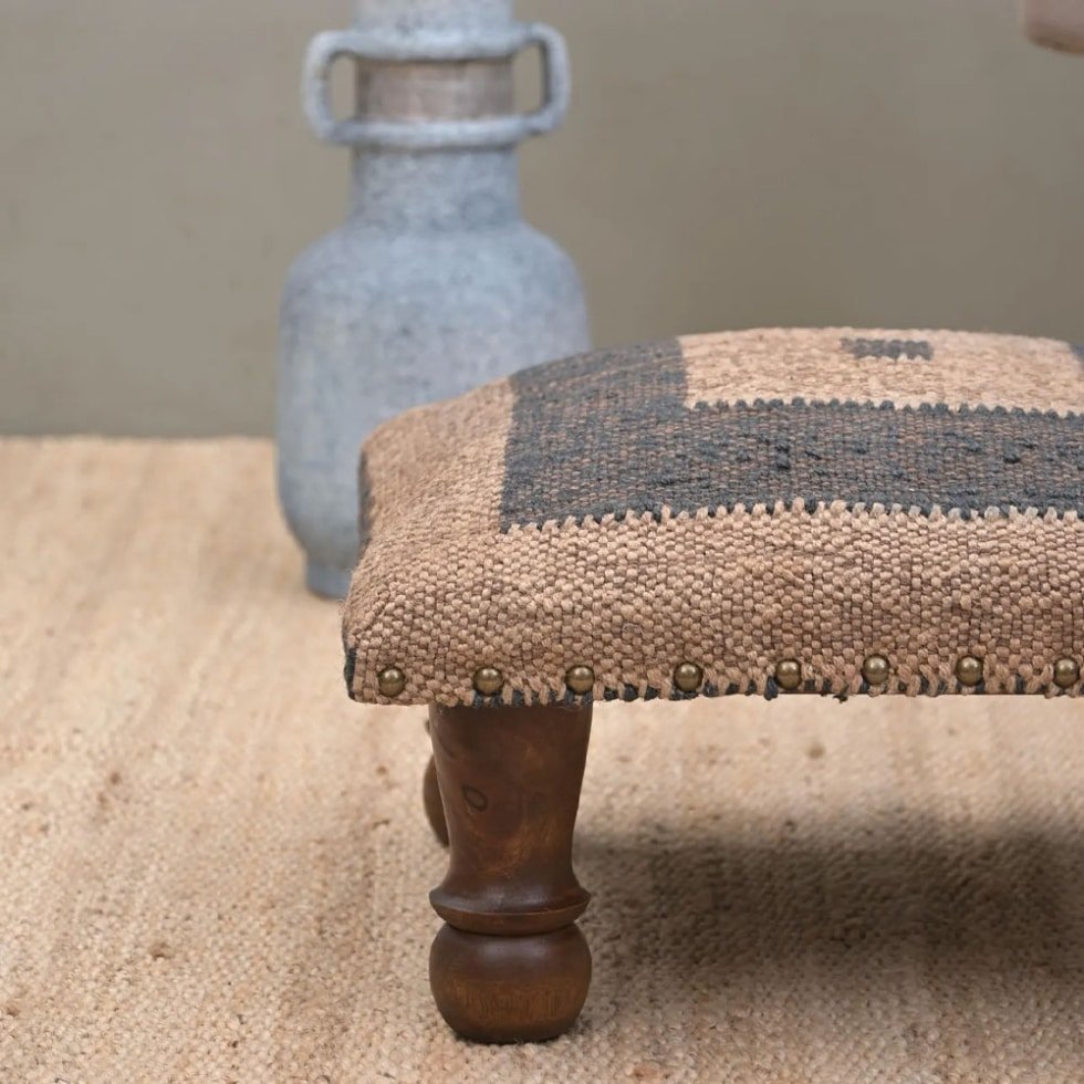 Black and white square kilim footstool ottoman