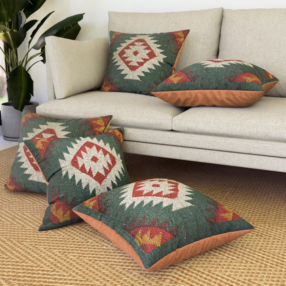 Green ornate kilim pillows
