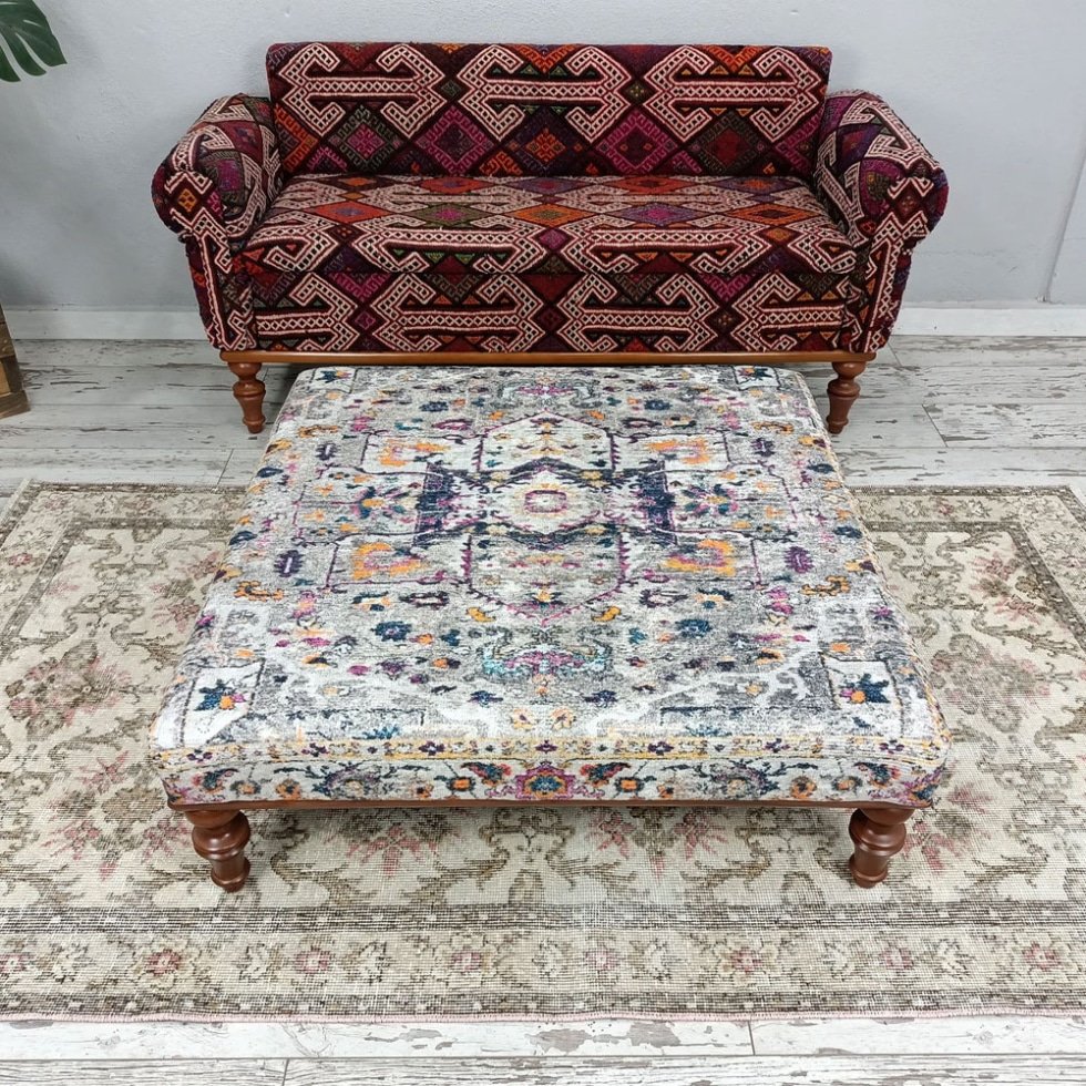 Grey Turkish kilim ottoman coffee table