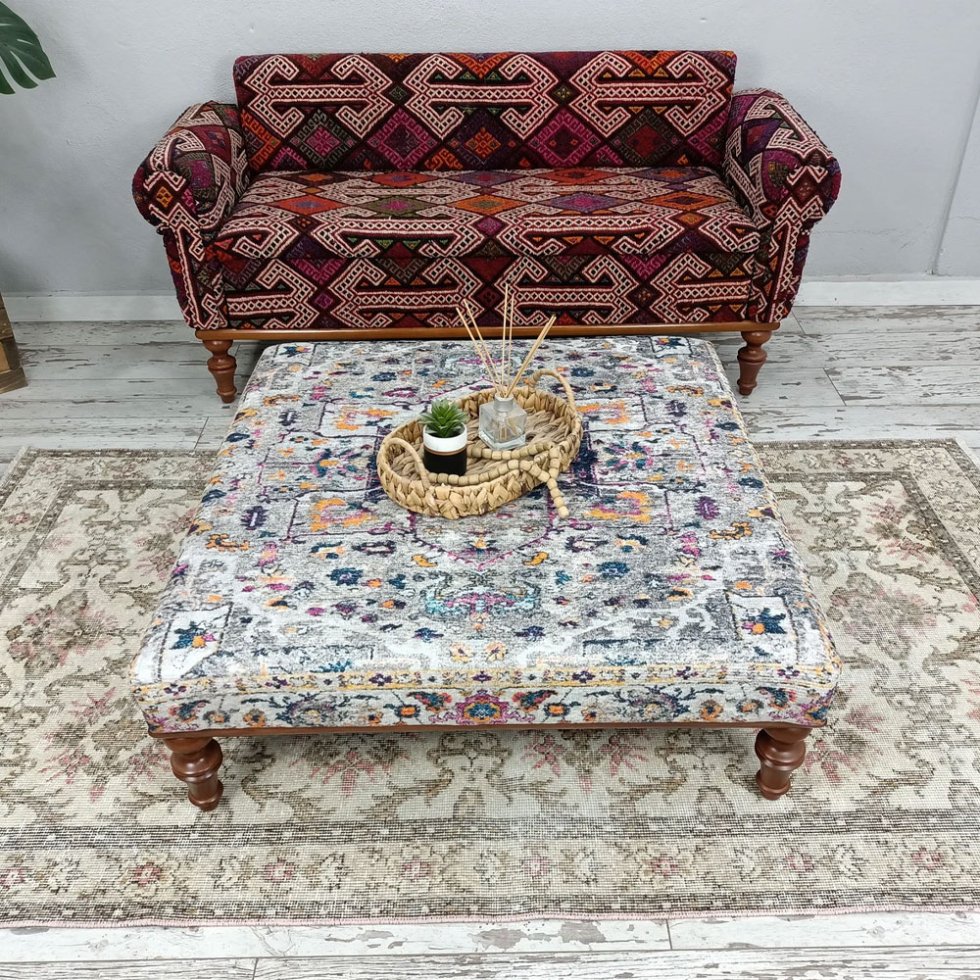Grey Turkish kilim ottoman coffee table