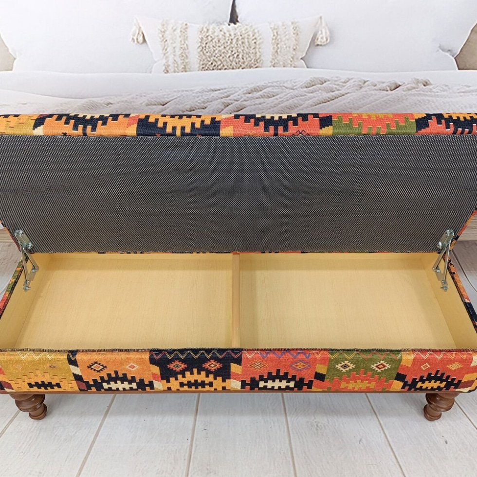 Orange Turkish kilim ottoman coffee table with storage